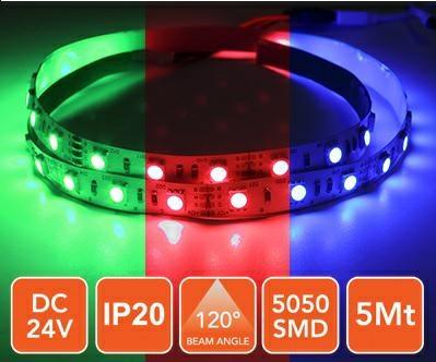 Striscia led 5050 5mt 12W 1100lm rgb 24V IP20 60led